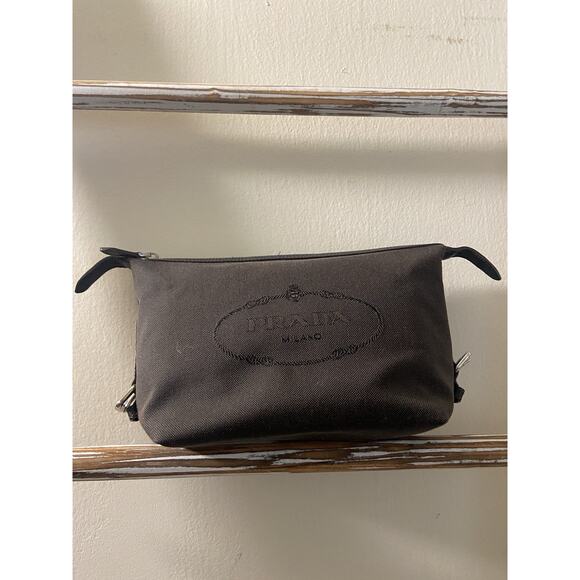 Prada Canapa canvas round rope logo leather trim buckle clutch pouch second bag